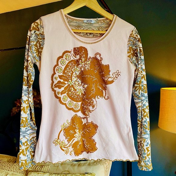 Y2K Moschino Jeans Vintage Pink and Brown Long Sleeved Sequin Shirt - Picture 1 of 6